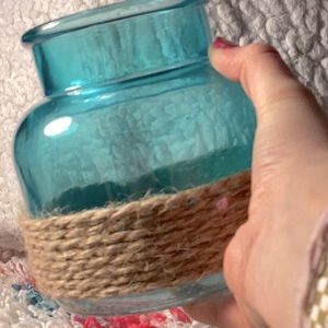 Blue glass jar with twine great for decor and plants
